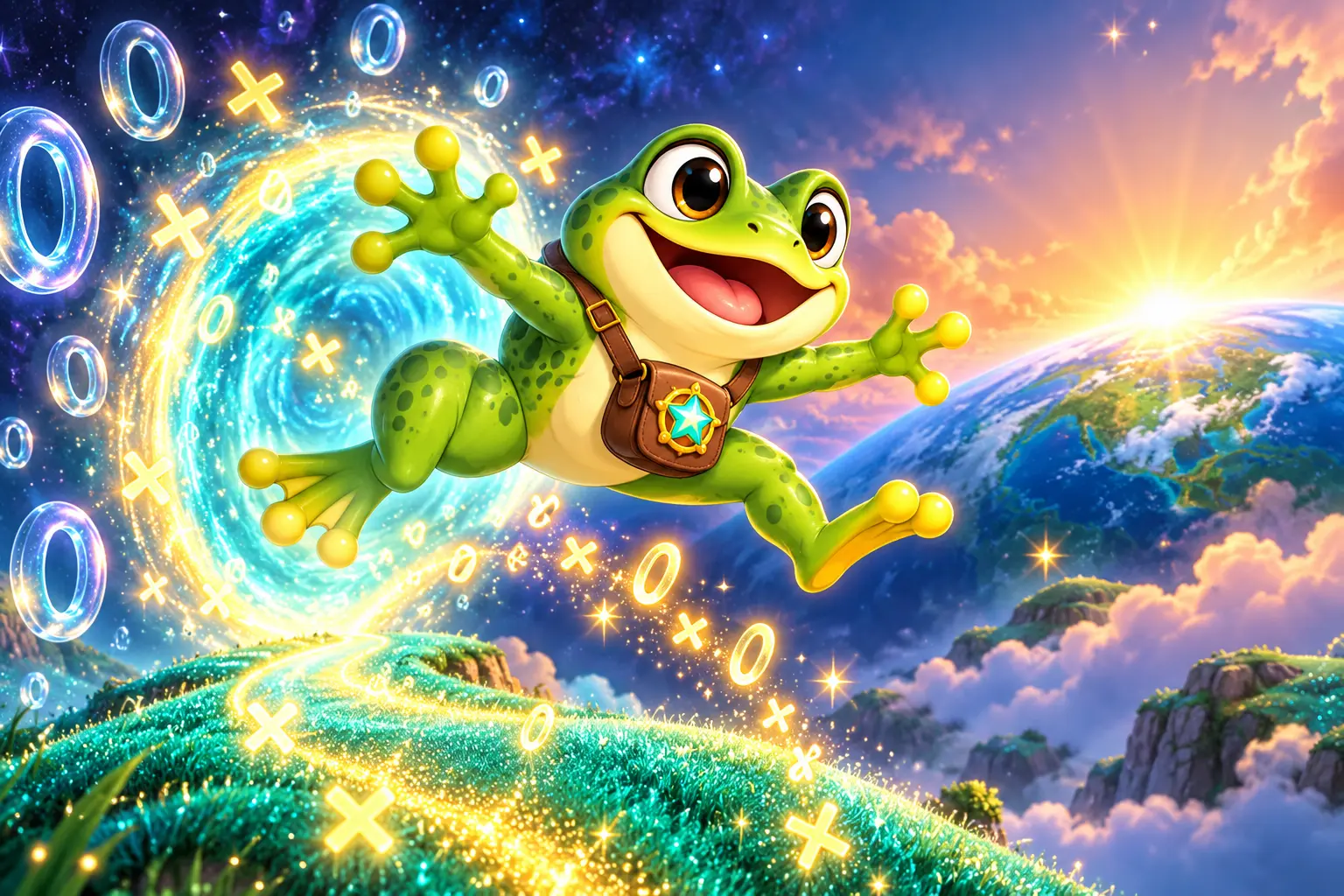 Frogo leaping through a glowing portal of multiplication worlds