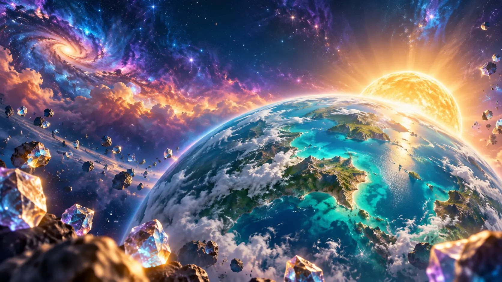 A bright young Earth rising beside a golden star